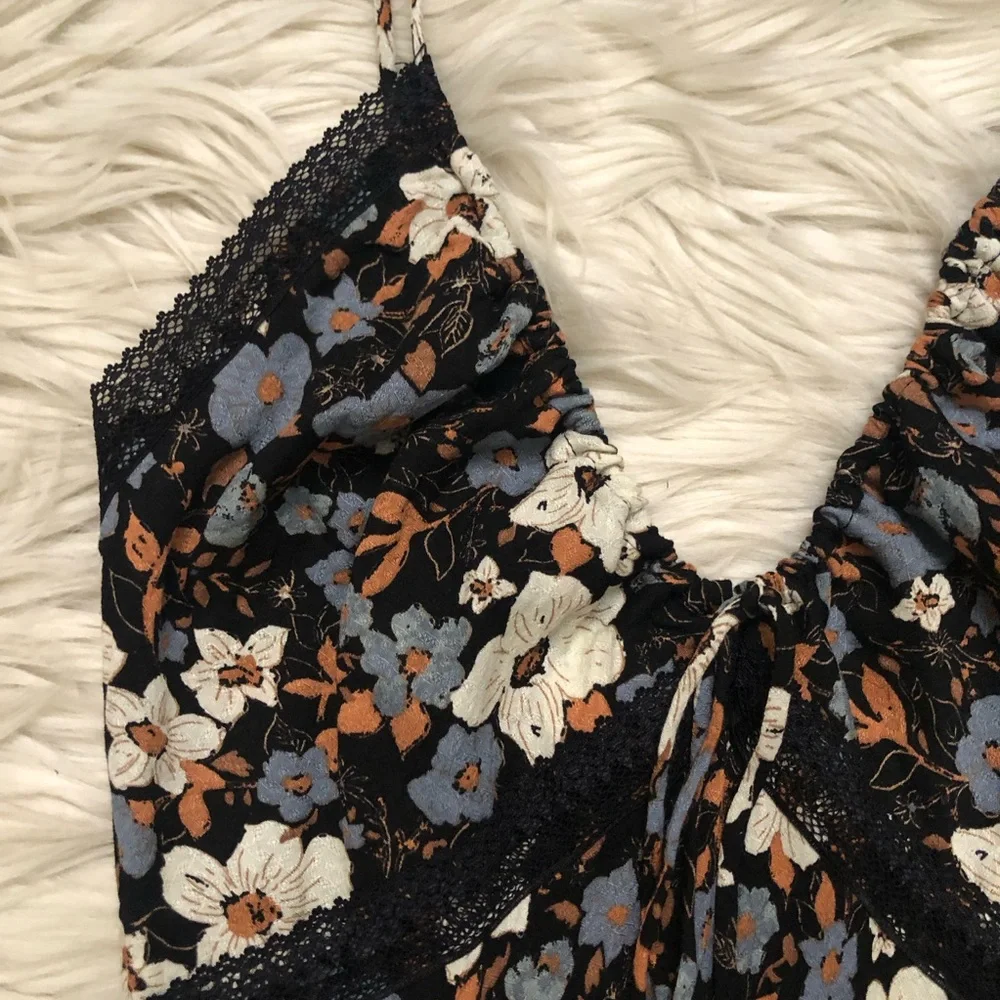 Free People All I Wanted Lace Floral Ditsy Black Brown Maxi Slip Dress size S